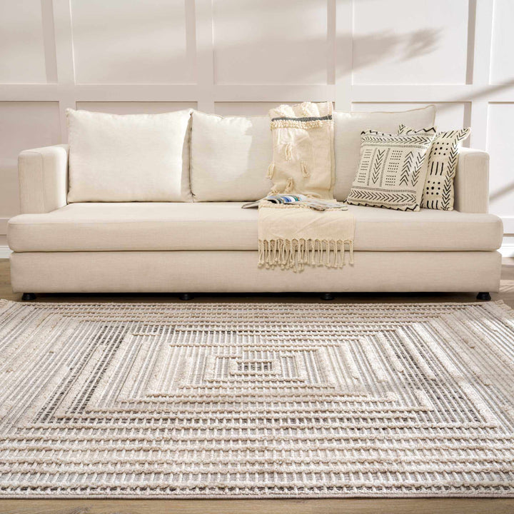 Contemporary Solid Stripes Peach, Beige and Gray High-Low Pile Area Rug - The Rug Decor