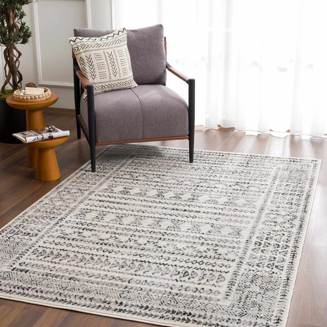 Contemporary Tribal Design Plain Black, Light Gray, Charcoal, Off white area rug - The Rug Decor