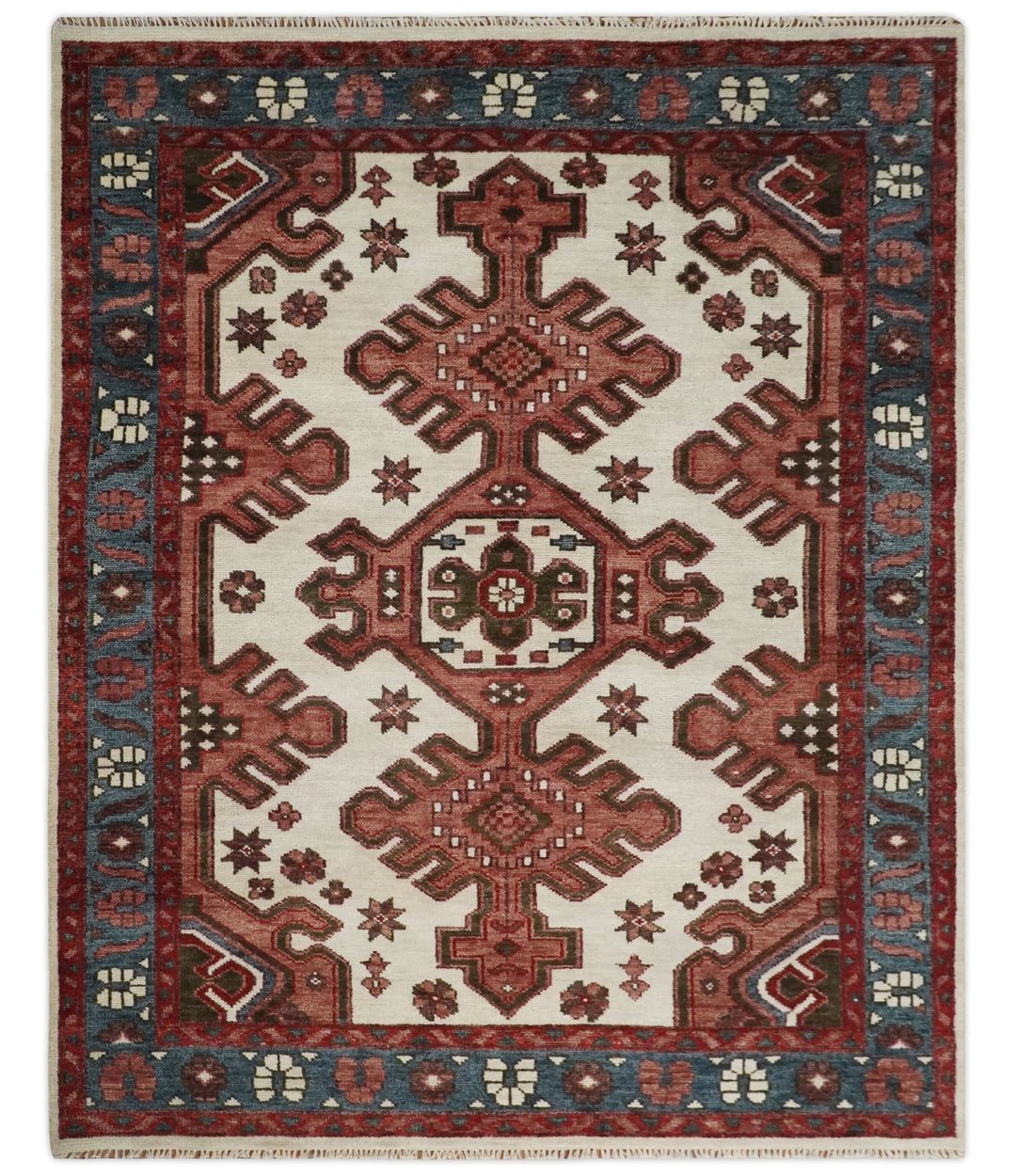 Coral Rust and Ivory 3x5, 4x6, 5x8,6x9, 8x10, 9x12, 10x14 and 12x15 Hand Knotted Traditional Persian Heriz Serapi Wool Rug | TRDCP710 - The Rug Decor