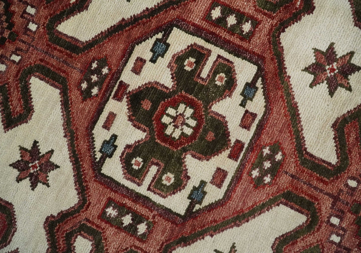 Coral Rust and Ivory 3x5, 4x6, 5x8,6x9, 8x10, 9x12, 10x14 and 12x15 Hand Knotted Traditional Persian Heriz Serapi Wool Rug | TRDCP710 - The Rug Decor