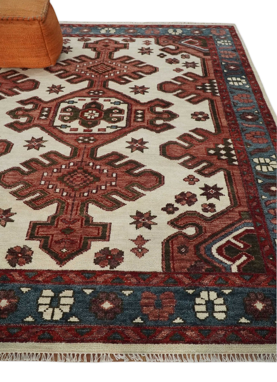 Coral Rust and Ivory 3x5, 4x6, 5x8,6x9, 8x10, 9x12, 10x14 and 12x15 Hand Knotted Traditional Persian Heriz Serapi Wool Rug | TRDCP710 - The Rug Decor