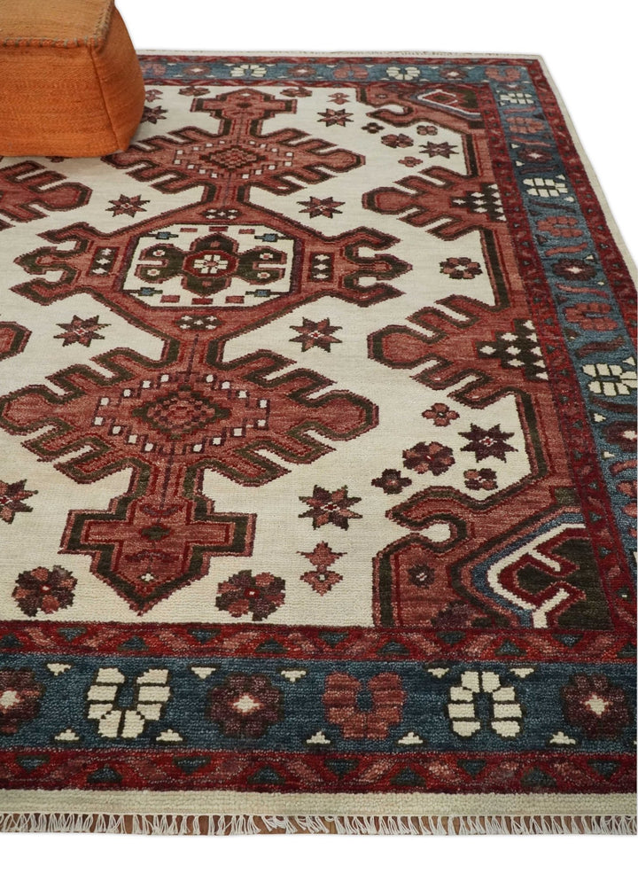 Coral Rust and Ivory 3x5, 4x6, 5x8,6x9, 8x10, 9x12, 10x14 and 12x15 Hand Knotted Traditional Persian Heriz Serapi Wool Rug | TRDCP710 - The Rug Decor
