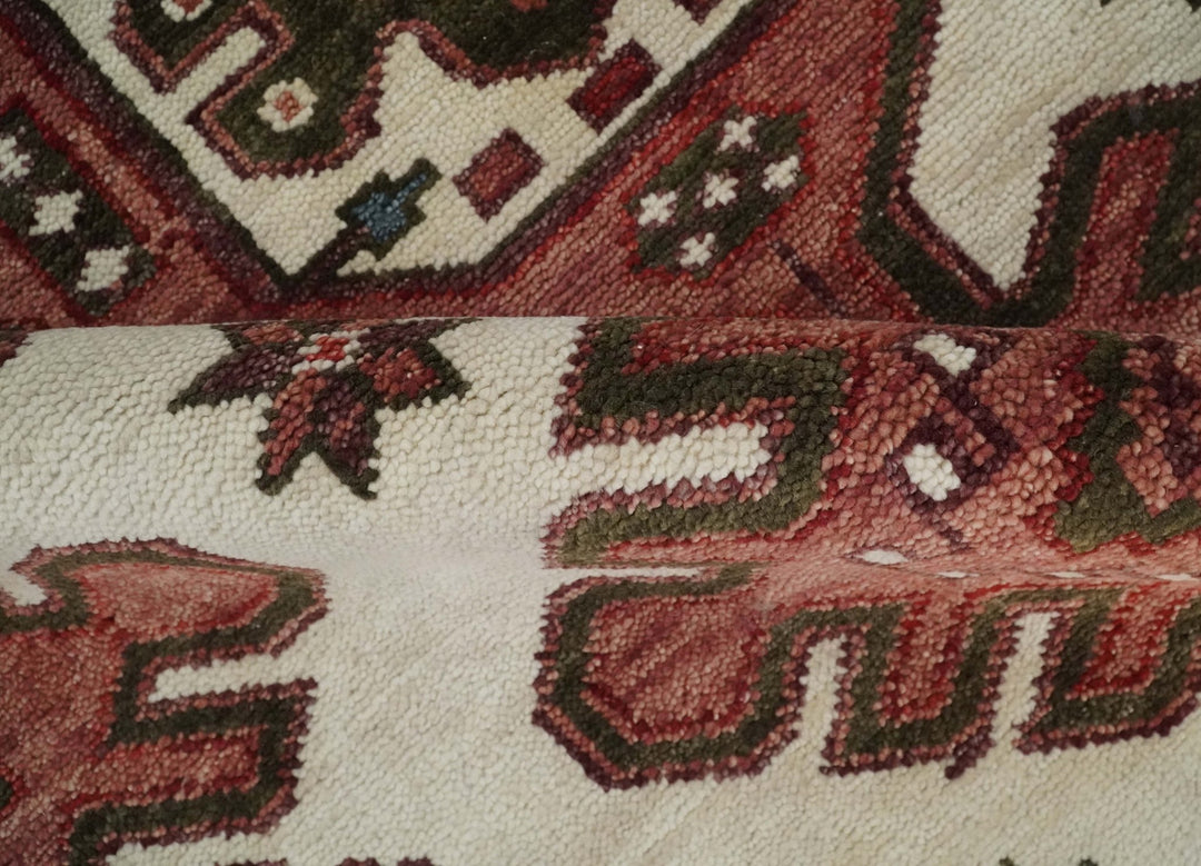 Coral Rust and Ivory 3x5, 4x6, 5x8,6x9, 8x10, 9x12, 10x14 and 12x15 Hand Knotted Traditional Persian Heriz Serapi Wool Rug | TRDCP710 - The Rug Decor