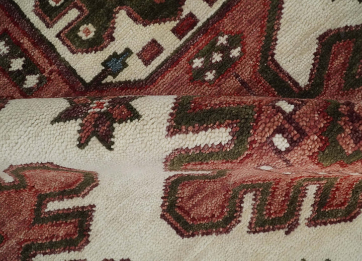 Coral Rust and Ivory 3x5, 4x6, 5x8,6x9, 8x10, 9x12, 10x14 and 12x15 Hand Knotted Traditional Persian Heriz Serapi Wool Rug | TRDCP710 - The Rug Decor