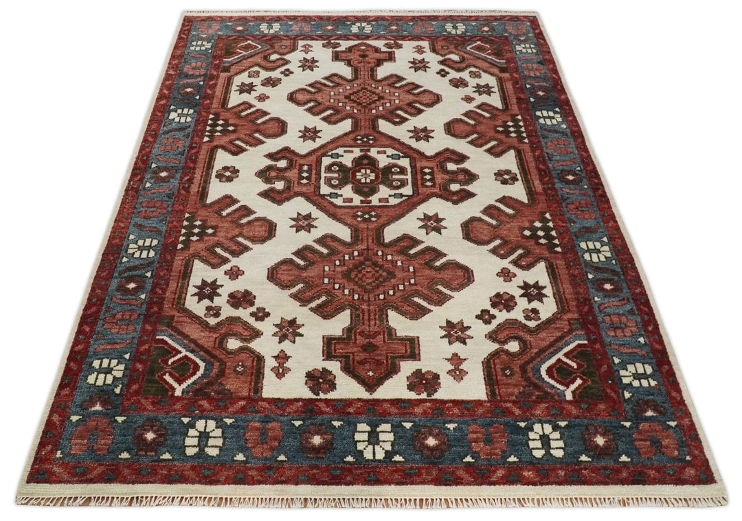 Coral Rust and Ivory 3x5, 4x6, 5x8,6x9, 8x10, 9x12, 10x14 and 12x15 Hand Knotted Traditional Persian Heriz Serapi Wool Rug | TRDCP710 - The Rug Decor