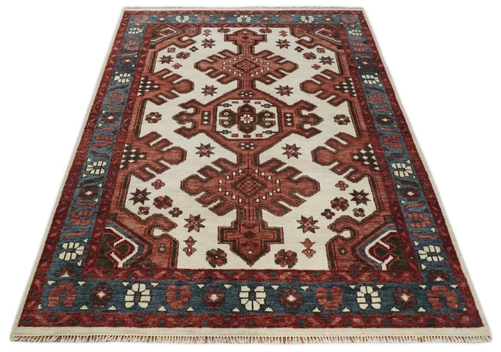 Coral Rust and Ivory 3x5, 4x6, 5x8,6x9, 8x10, 9x12, 10x14 and 12x15 Hand Knotted Traditional Persian Heriz Serapi Wool Rug | TRDCP710 - The Rug Decor