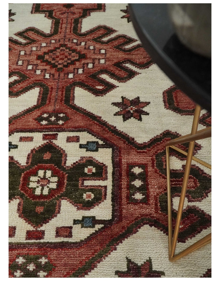 Coral Rust and Ivory 3x5, 4x6, 5x8,6x9, 8x10, 9x12, 10x14 and 12x15 Hand Knotted Traditional Persian Heriz Serapi Wool Rug | TRDCP710 - The Rug Decor