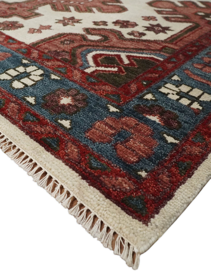 Coral Rust and Ivory 3x5, 4x6, 5x8,6x9, 8x10, 9x12, 10x14 and 12x15 Hand Knotted Traditional Persian Heriz Serapi Wool Rug | TRDCP710 - The Rug Decor