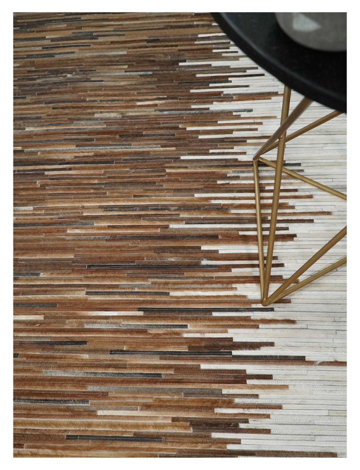 Cowhide Leather Striped Tan Brown and Ivory Leather Rug, 4x6, 5x8, 6x9, 8x10, 9x12 Modern Rug | LR21 - The Rug Decor