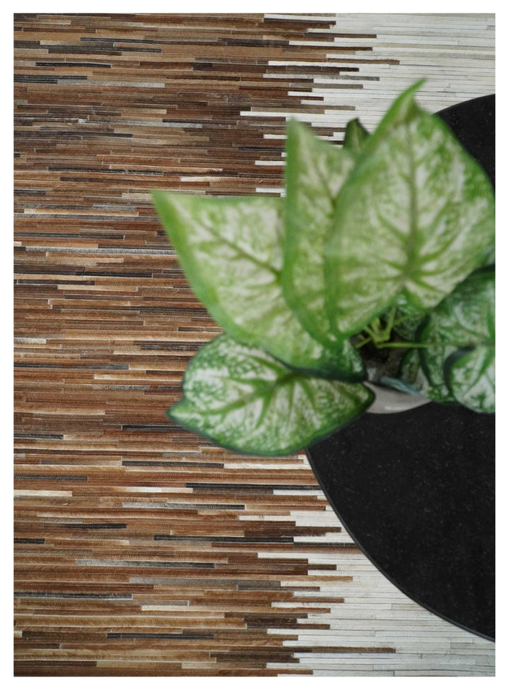 Cowhide Leather Striped Tan Brown and Ivory Leather Rug, 4x6, 5x8, 6x9, 8x10, 9x12 Modern Rug | LR21 - The Rug Decor