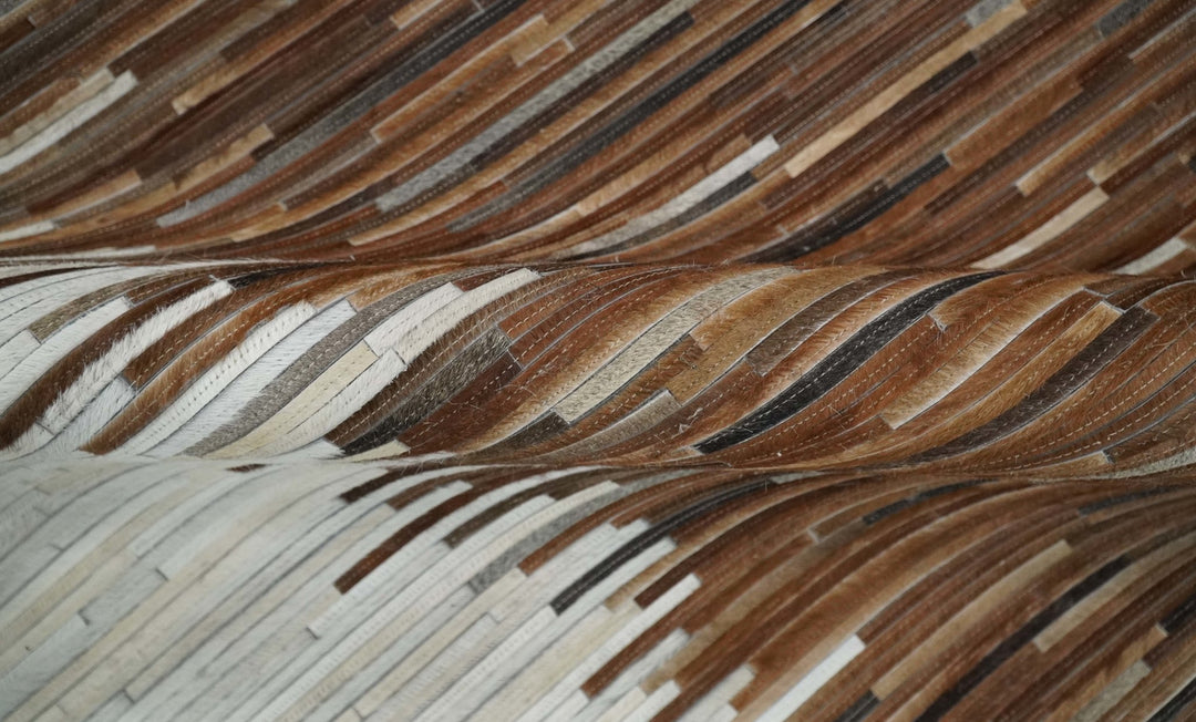 Cowhide Leather Striped Tan Brown and Ivory Leather Rug, 4x6, 5x8, 6x9, 8x10, 9x12 Modern Rug | LR21 - The Rug Decor