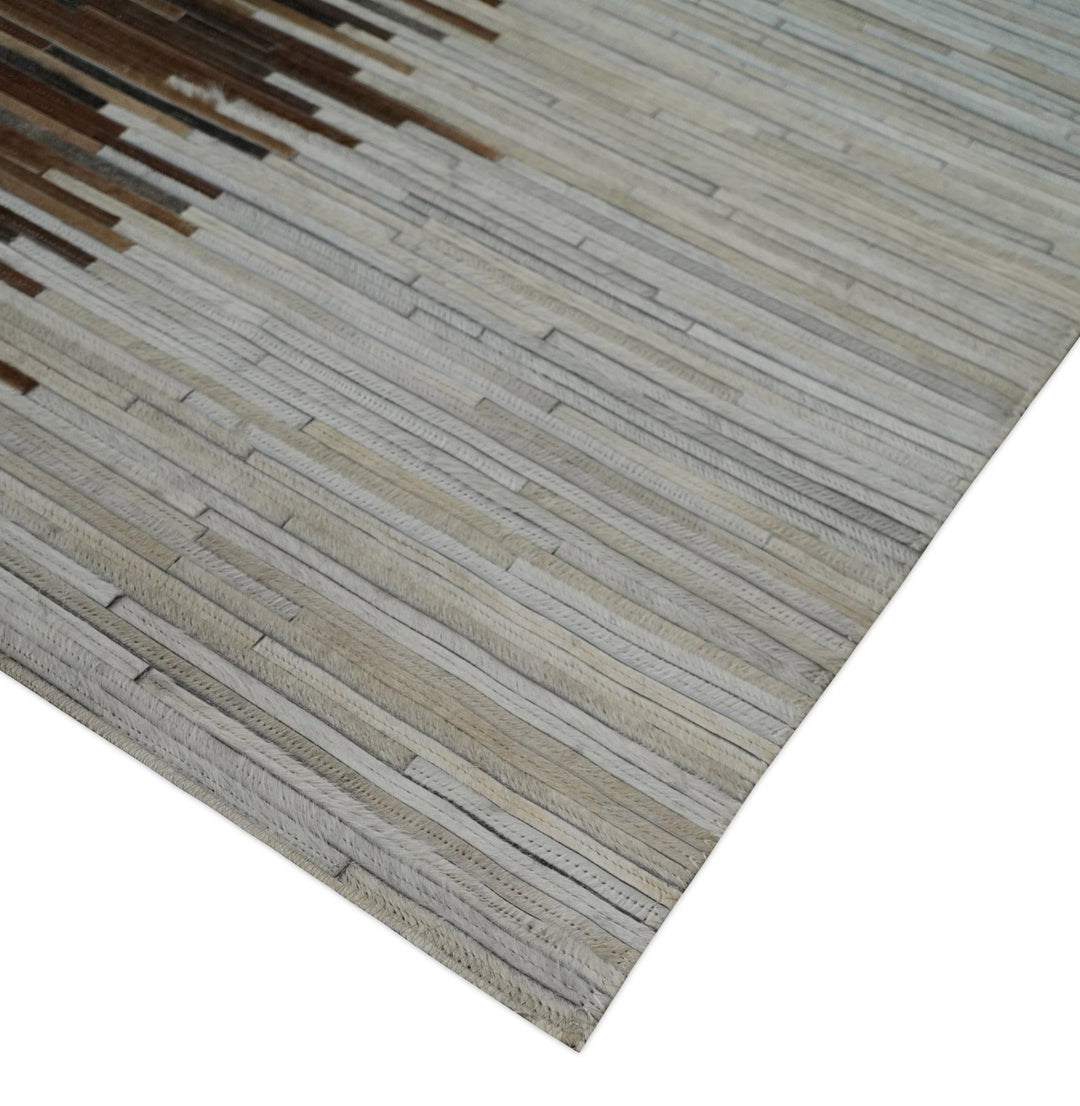 Cowhide Leather Striped Tan Brown and Ivory Leather Rug, 4x6, 5x8, 6x9, 8x10, 9x12 Modern Rug | LR21 - The Rug Decor