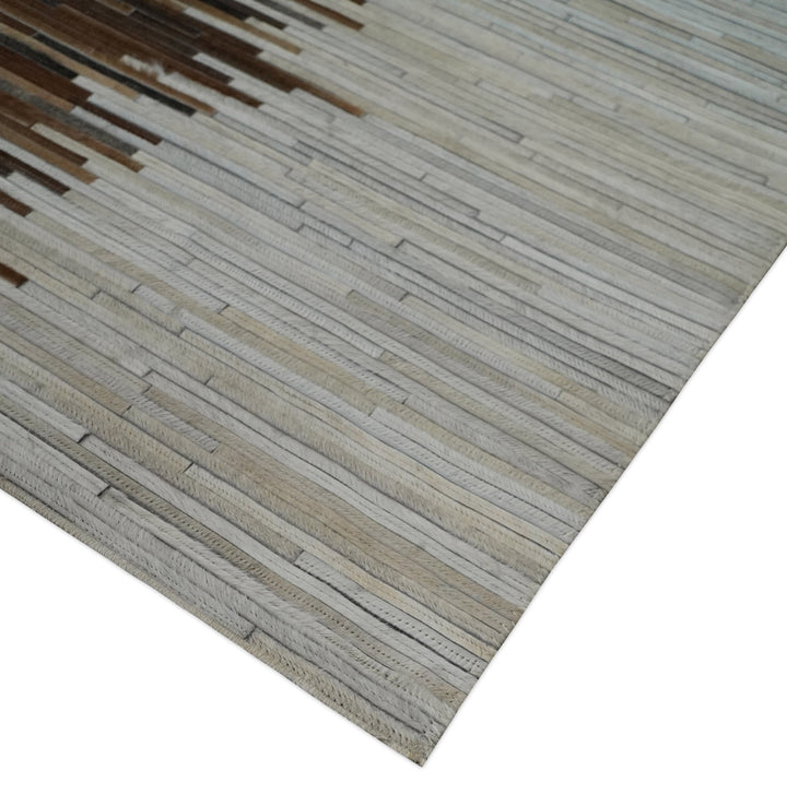 Cowhide Leather Striped Tan Brown and Ivory Leather Rug, 4x6, 5x8, 6x9, 8x10, 9x12 Modern Rug | LR21 - The Rug Decor