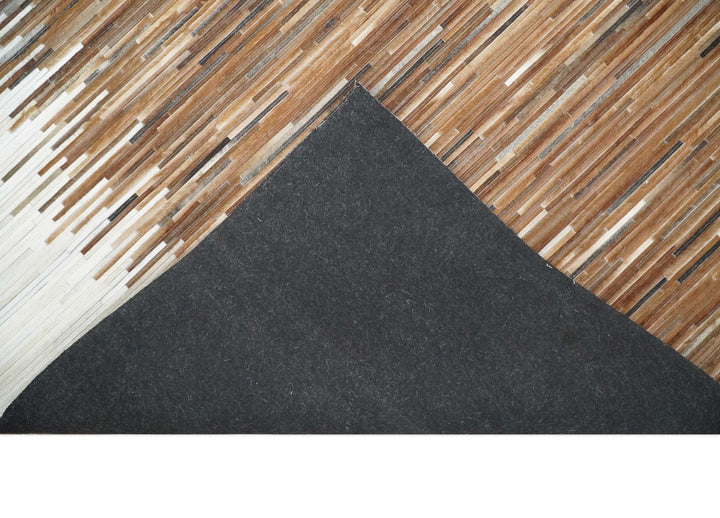 Cowhide Leather Striped Tan Brown and Ivory Leather Rug, 4x6, 5x8, 6x9, 8x10, 9x12 Modern Rug | LR21 - The Rug Decor