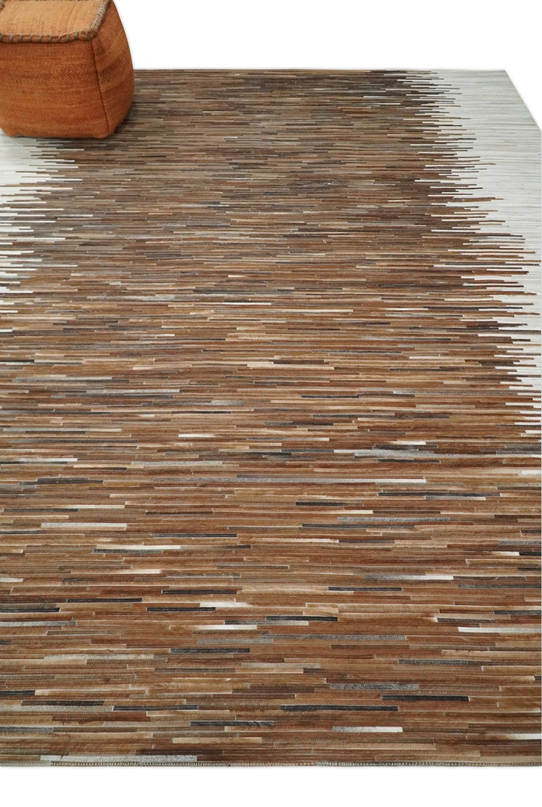 Cowhide Leather Striped Tan Brown and Ivory Leather Rug, 4x6, 5x8, 6x9, 8x10, 9x12 Modern Rug | LR21 - The Rug Decor