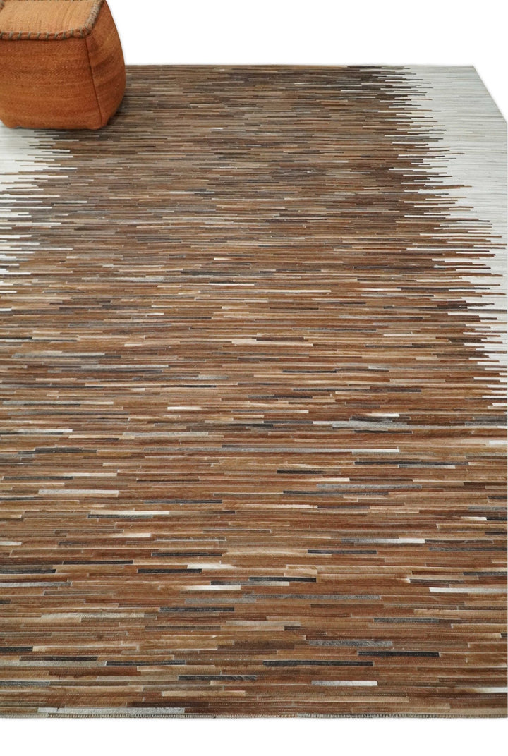 Cowhide Leather Striped Tan Brown and Ivory Leather Rug, 4x6, 5x8, 6x9, 8x10, 9x12 Modern Rug | LR21 - The Rug Decor