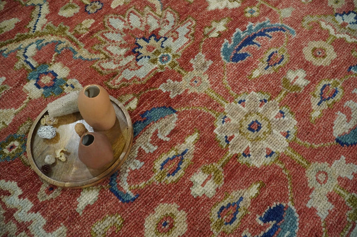 Custom Made Antique Floral Style Rust, Teal, Ivory and Olive Hand Knotted Oriental Oushak Wool Area Rug - The Rug Decor