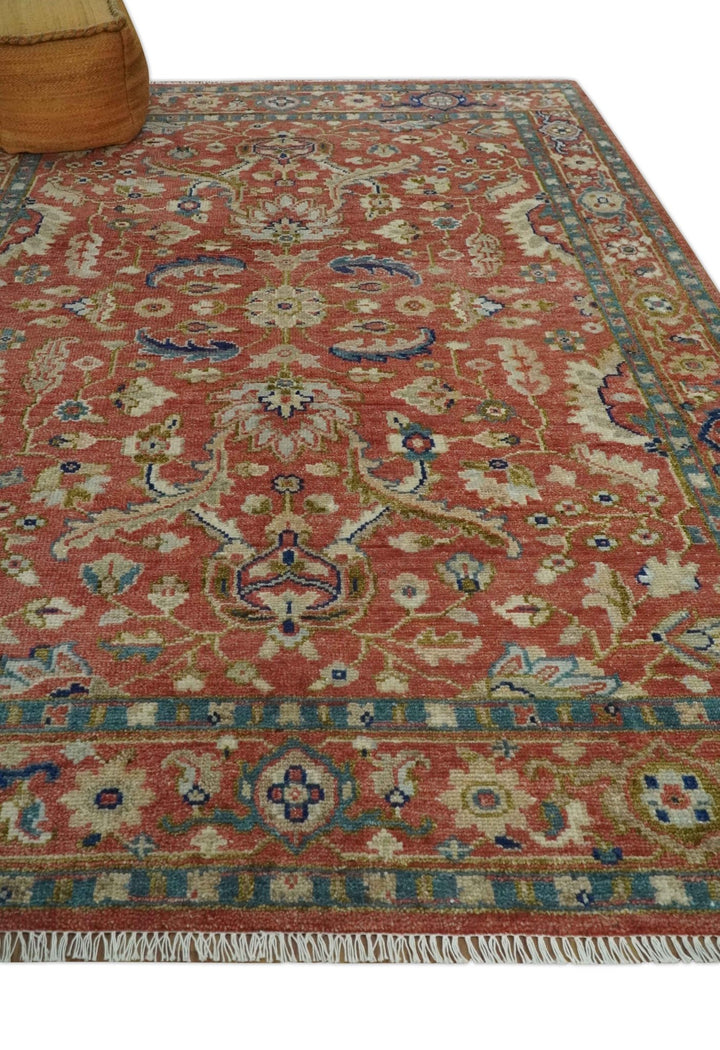 Custom Made Antique Floral Style Rust, Teal, Ivory and Olive Hand Knotted Oriental Oushak Wool Area Rug - The Rug Decor