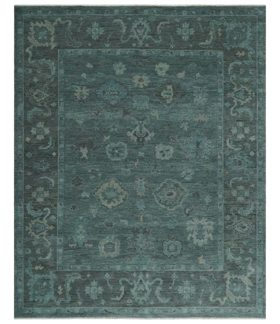 Custom Made Antique Style Blue and Charcoal Hand Knotted Oushak Wool Area Rug - The Rug Decor