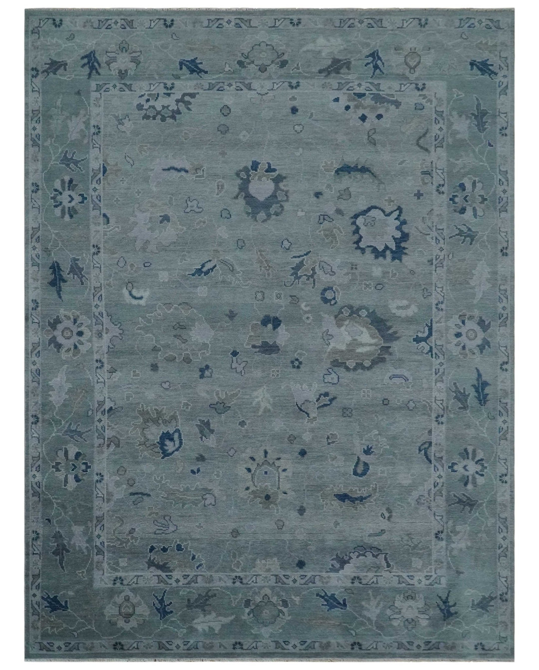 Custom made Antique style Blue and Silver Hand Knotted Oushak Wool Area Rug - The Rug Decor