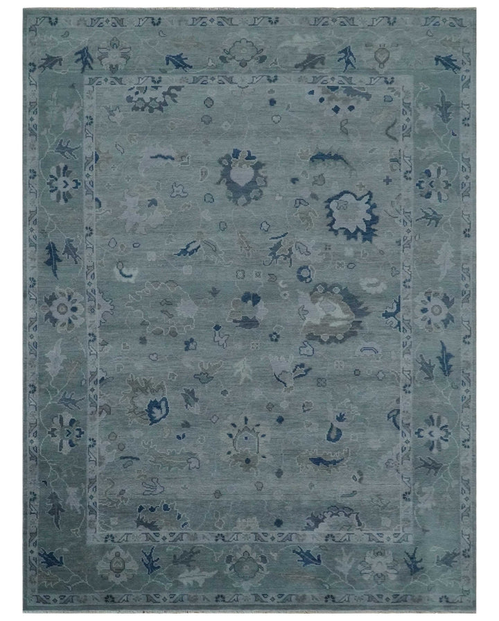Custom made Antique style Blue and Silver Hand Knotted Oushak Wool Area Rug - The Rug Decor