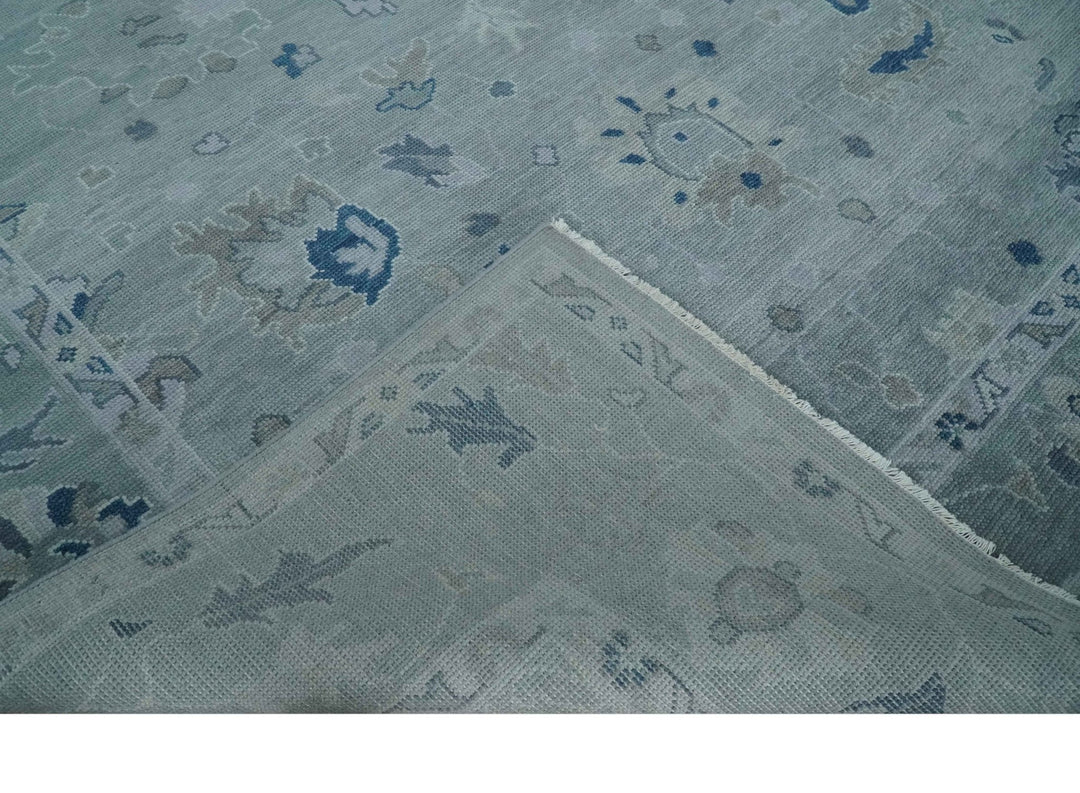 Custom made Antique style Blue and Silver Hand Knotted Oushak Wool Area Rug - The Rug Decor