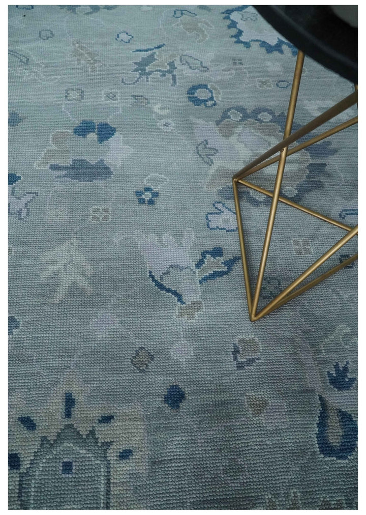 Custom made Antique style Blue and Silver Hand Knotted Oushak Wool Area Rug - The Rug Decor