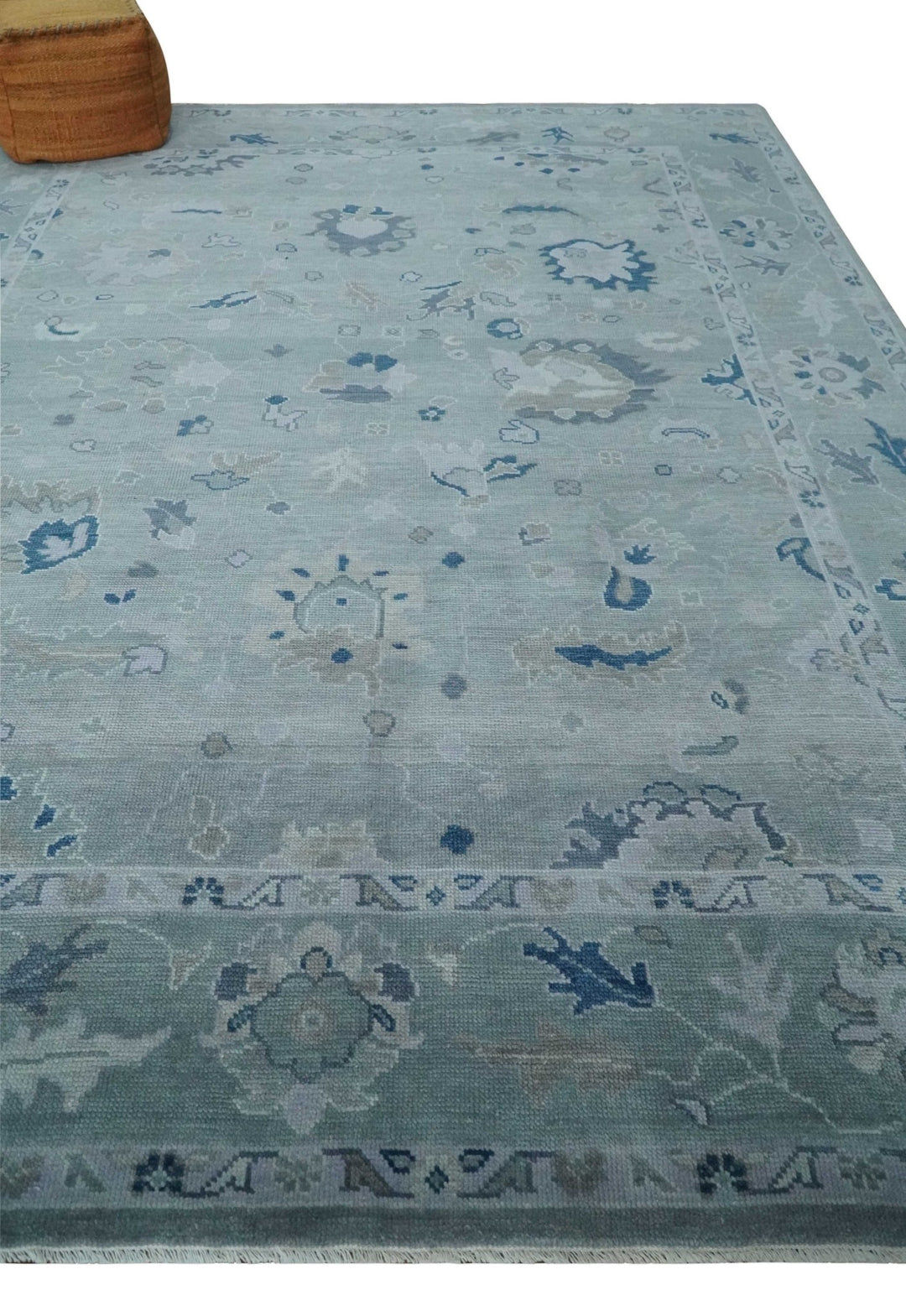 Custom made Antique style Blue and Silver Hand Knotted Oushak Wool Area Rug - The Rug Decor