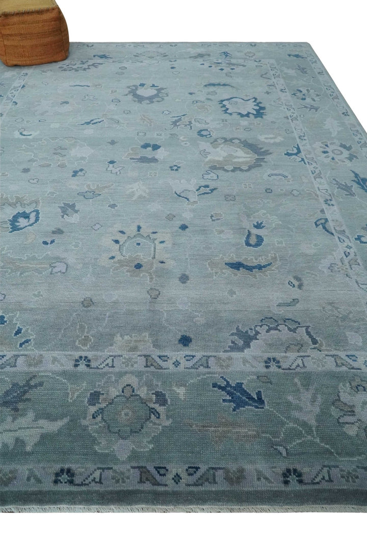 Custom made Antique style Blue and Silver Hand Knotted Oushak Wool Area Rug - The Rug Decor