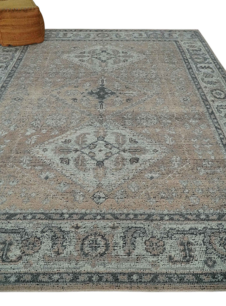 Custom Made Antique Style Peach, Ivory and Charcoal Hand knotted Traditional Wool Rug - The Rug Decor