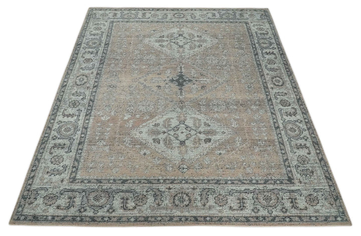 Custom Made Antique Style Peach, Ivory and Charcoal Hand knotted Traditional Wool Rug - The Rug Decor