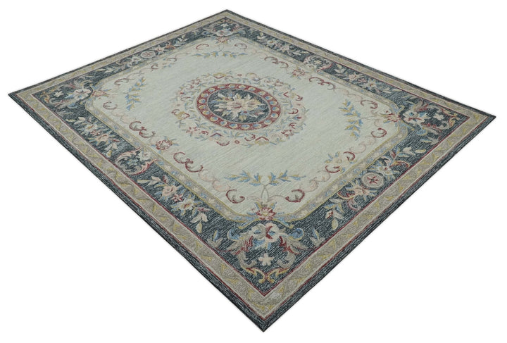 Custom Made Beige and Charcoal Aubusson French design Hand Tufted wool Area Rug - The Rug Decor