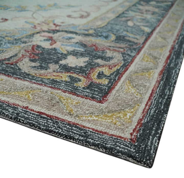 Custom Made Beige and Charcoal Aubusson French design Hand Tufted wool Area Rug - The Rug Decor