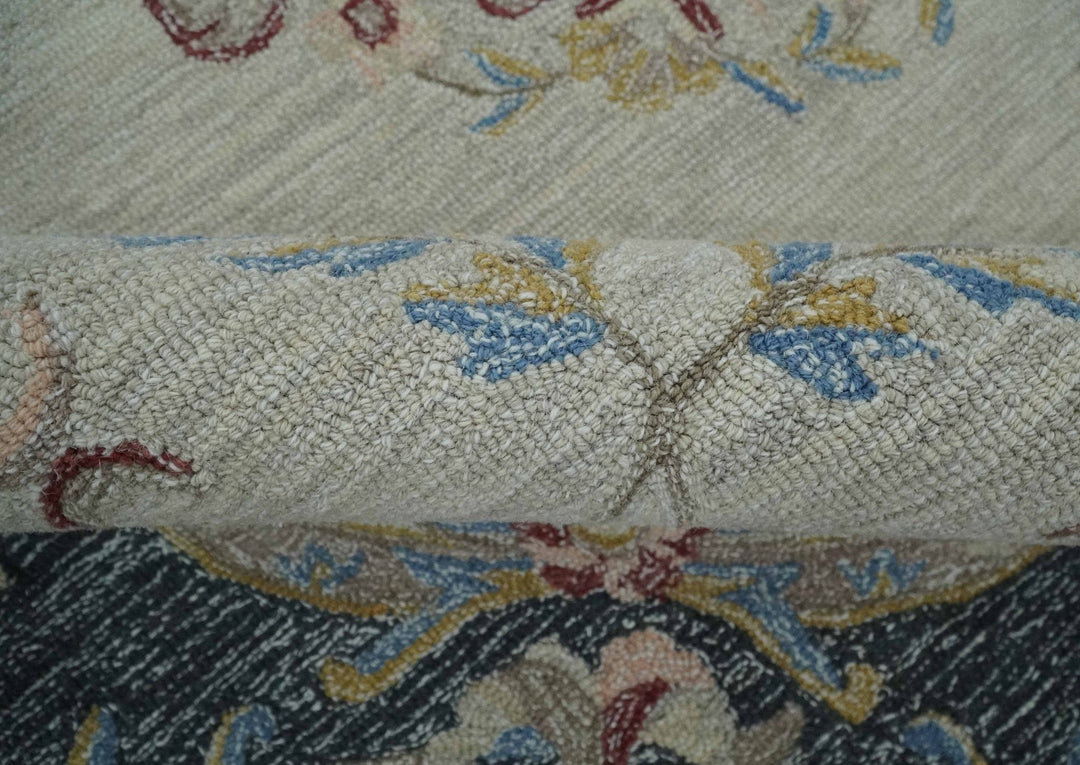 Custom Made Beige and Charcoal Aubusson French design Hand Tufted wool Area Rug - The Rug Decor