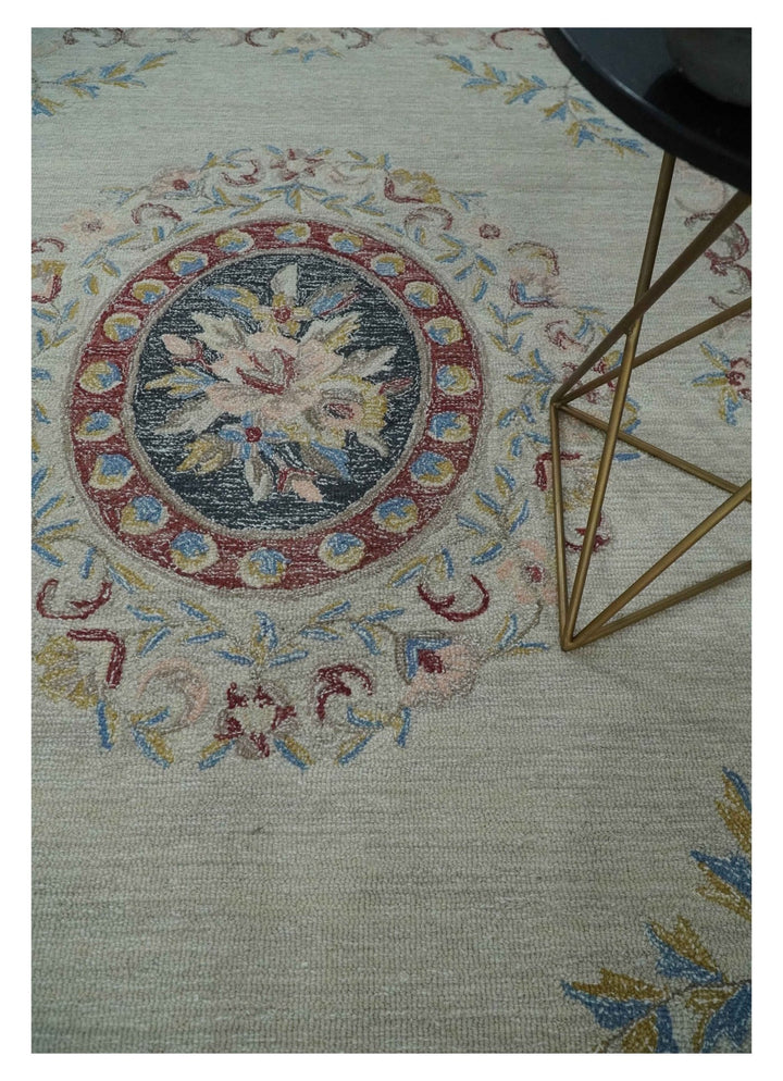 Custom Made Beige and Charcoal Aubusson French design Hand Tufted wool Area Rug - The Rug Decor