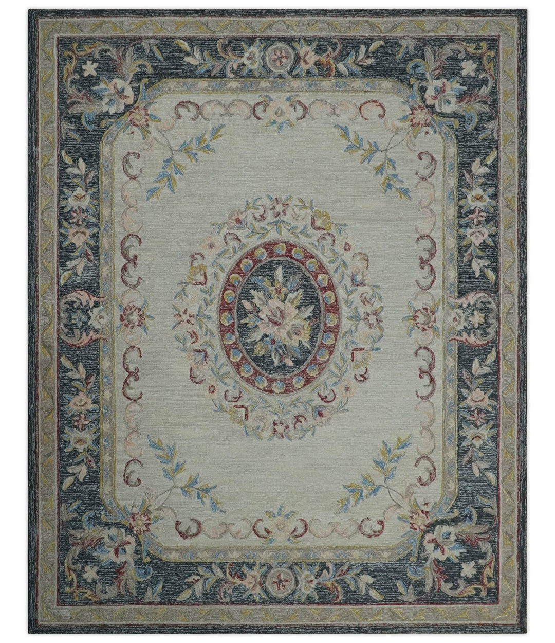 Custom Made Beige and Charcoal Aubusson French design Hand Tufted wool Area Rug - The Rug Decor