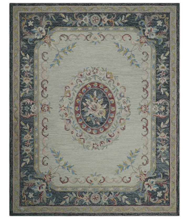 Custom Made Beige and Charcoal Aubusson French design Hand Tufted wool Area Rug - The Rug Decor