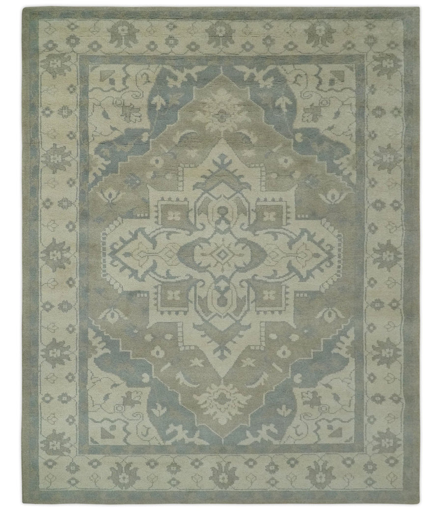 Custom Made Beige and Charcoal Traditional Heriz Medallion Hand Knotted wool Area Rug - The Rug Decor