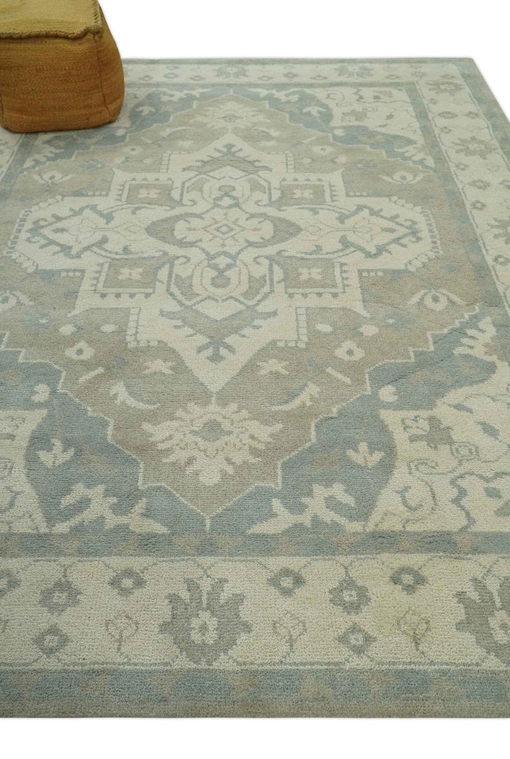 Custom Made Beige and Charcoal Traditional Heriz Medallion Hand Knotted wool Area Rug - The Rug Decor
