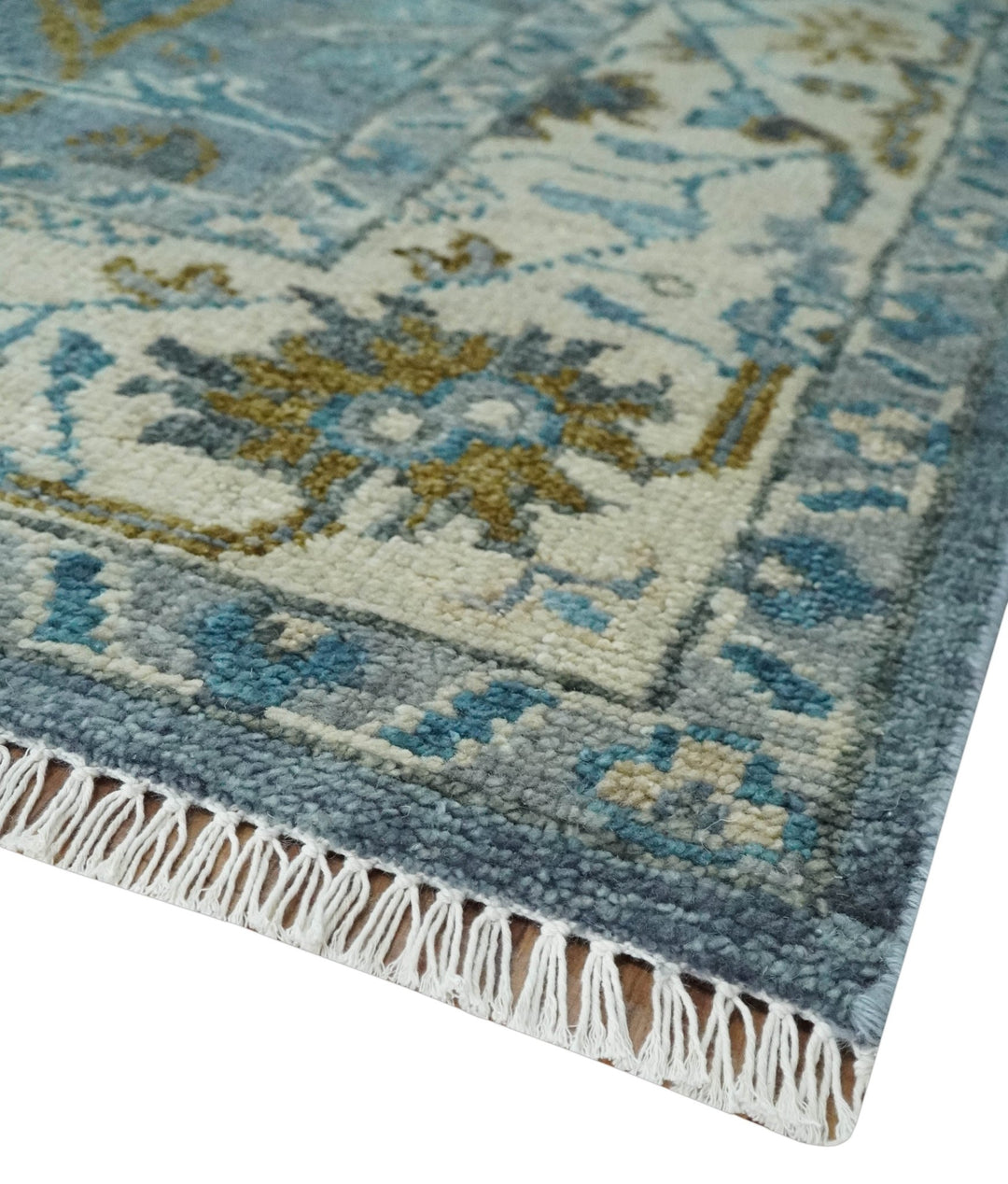 Custom Made Blue and Ivory Antique Style Hand knotted Oriental Oushak wool Area Rug - The Rug Decor