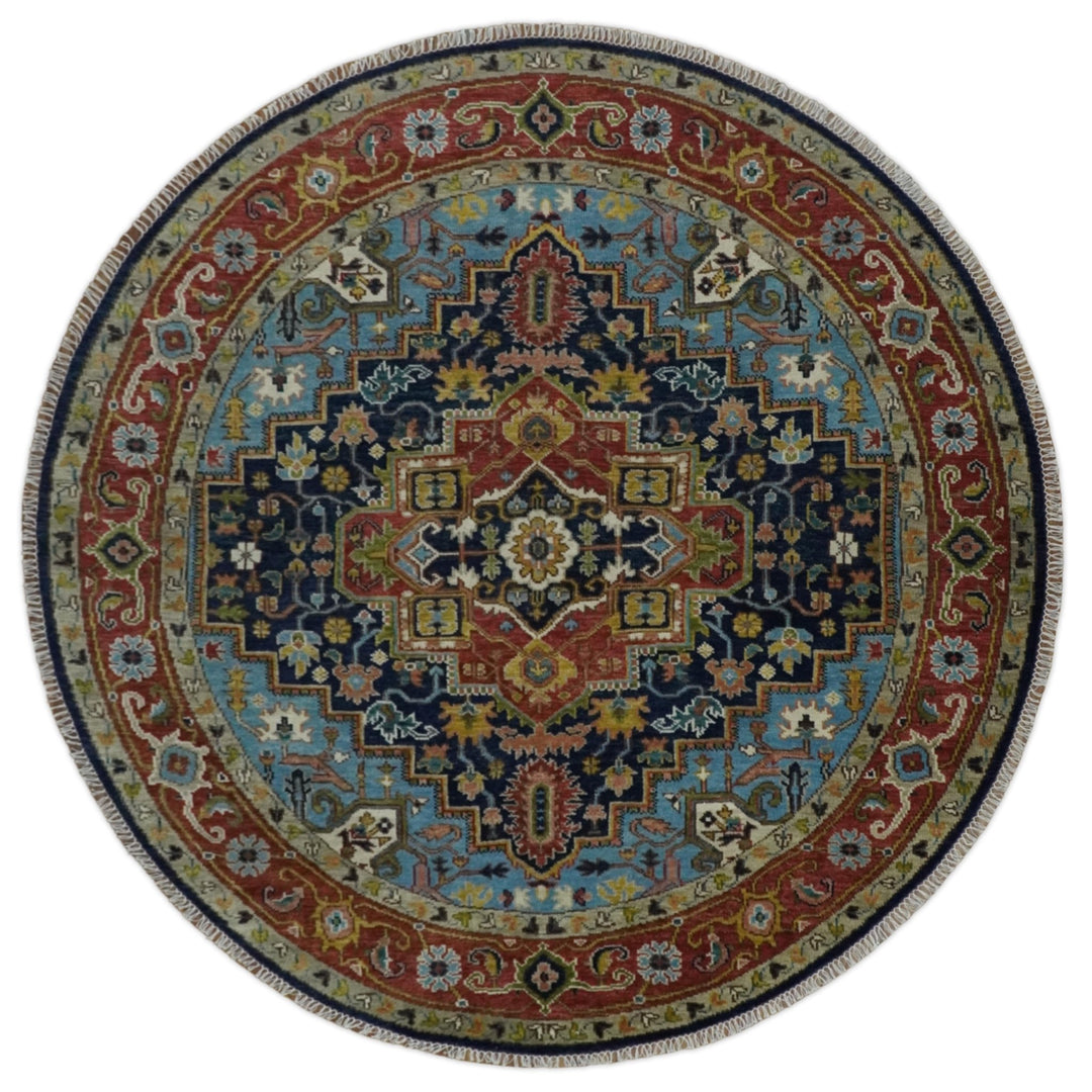 Custom Made Blue and Rust Hand Knotted Wool Antique Style Wool Area Rug - The Rug Decor