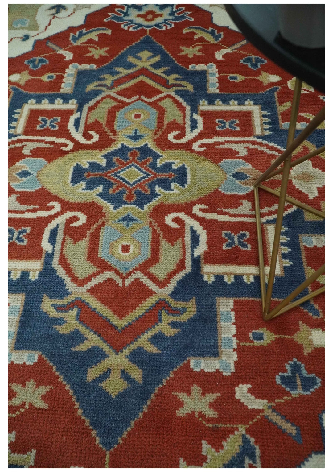 Custom Made Brown, Blue, Ivory and Olive Traditional Heriz Medallion Wool Area Rug - The Rug Decor