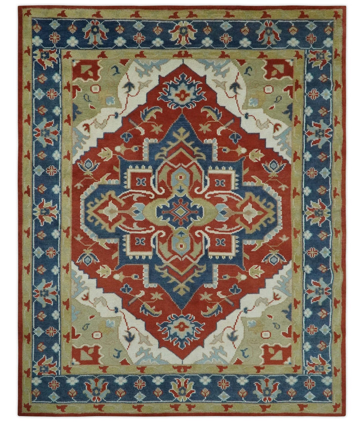 Custom Made Brown, Blue, Ivory and Olive Traditional Heriz Medallion Wool Area Rug - The Rug Decor