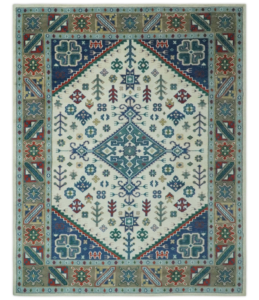 Custom Made Colorful Ivory, Blue, Brown and Teal Hand Knotted Traditional Heriz size wool Area Rug - The Rug Decor