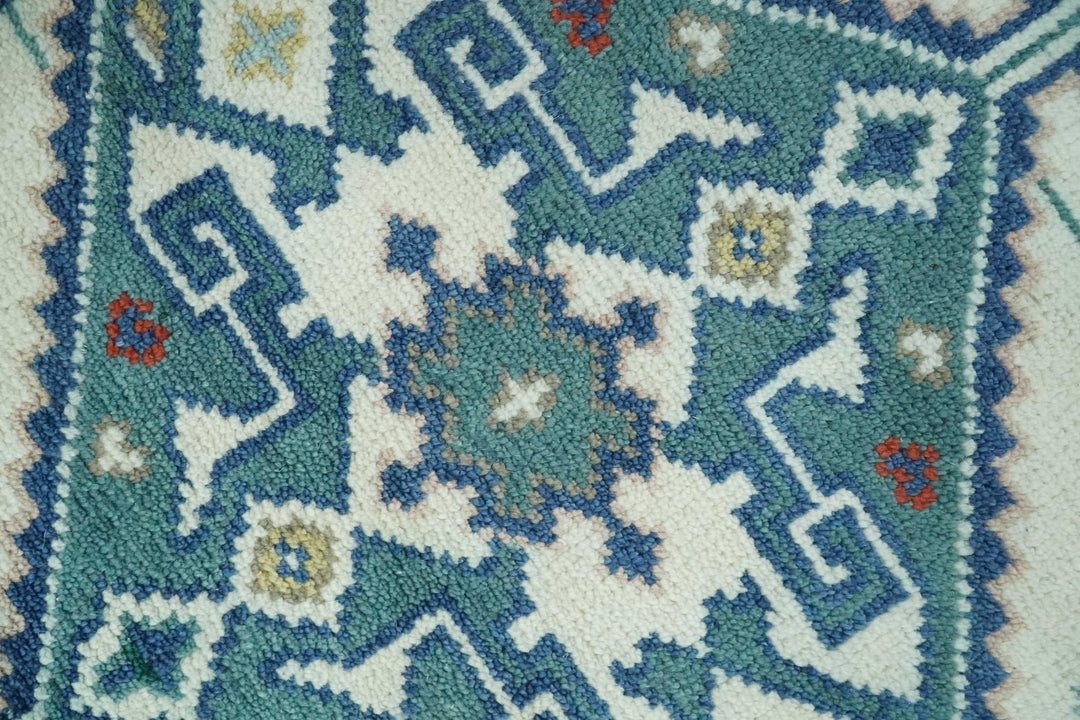 Custom Made Colorful Ivory, Blue, Brown and Teal Hand Knotted Traditional Heriz size wool Area Rug - The Rug Decor