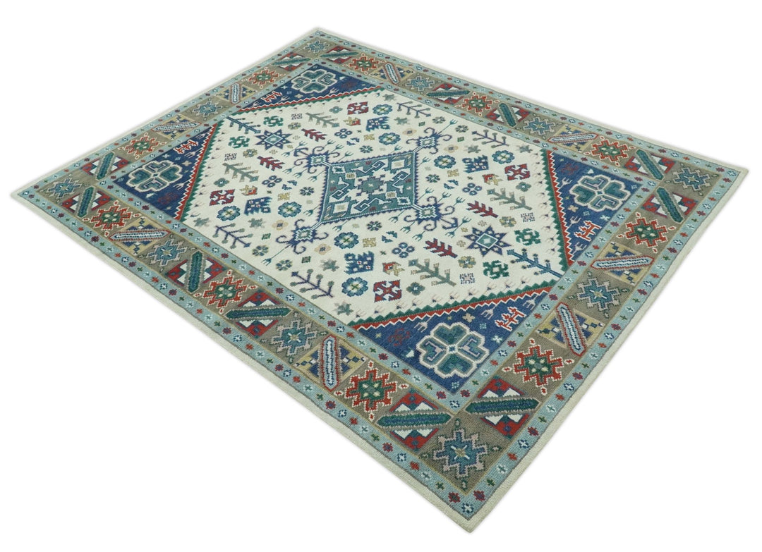 Custom Made Colorful Ivory, Blue, Brown and Teal Hand Knotted Traditional Heriz size wool Area Rug - The Rug Decor