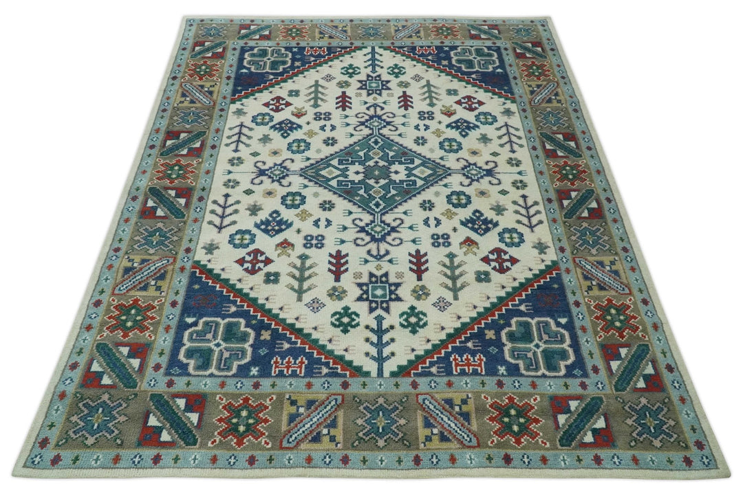 Custom Made Colorful Ivory, Blue, Brown and Teal Hand Knotted Traditional Heriz size wool Area Rug - The Rug Decor