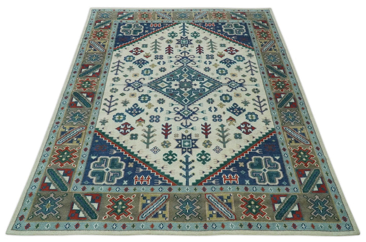 Custom Made Colorful Ivory, Blue, Brown and Teal Hand Knotted Traditional Heriz size wool Area Rug - The Rug Decor