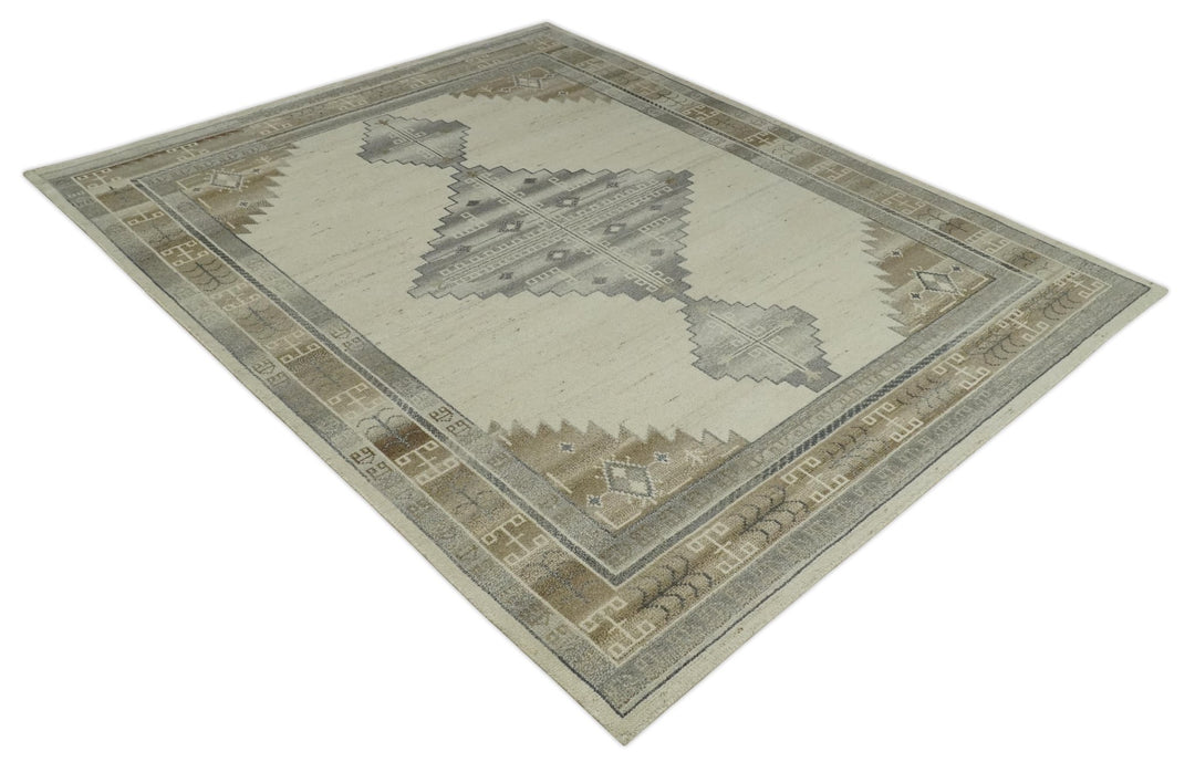 Custom Made Earthy Hand Knotted Ivory, Charcoal and Beige Wool Area Rug - The Rug Decor