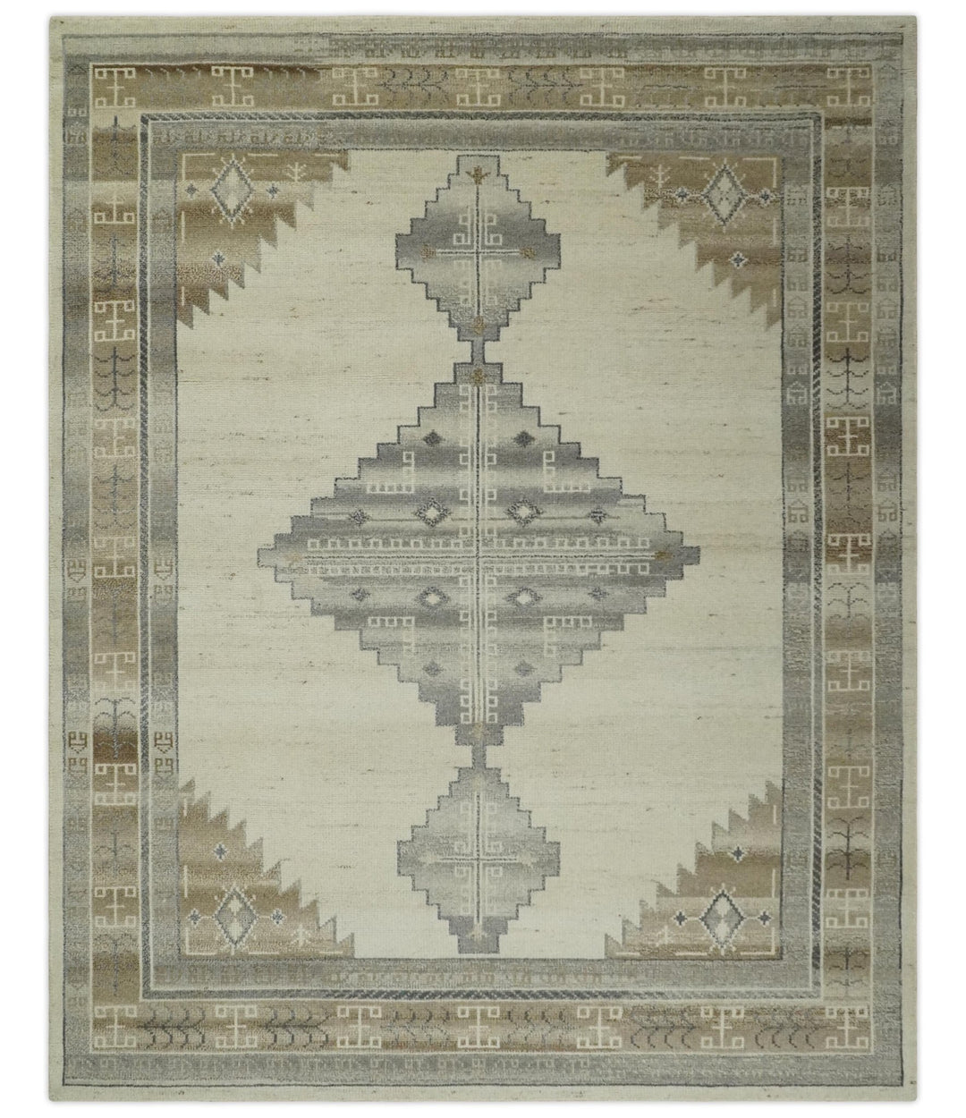 Custom Made Earthy Hand Knotted Ivory, Charcoal and Beige Wool Area Rug - The Rug Decor